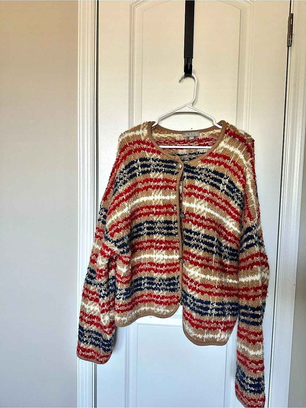 J.Crew Fitted-waist cardigan in fuzzy yarn Fuzzy Yarn Striped Cardigan Red &